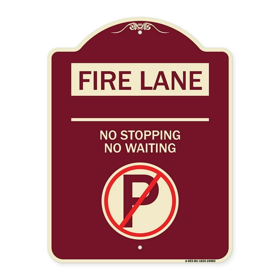 SignMission Designer Series Sign - Fire Lane - No Parking No Waiting (With No Parking Symbol) | Burgundy 18" x 24" Heavy-Gauge Aluminum Architectural Sign | Made in the USA