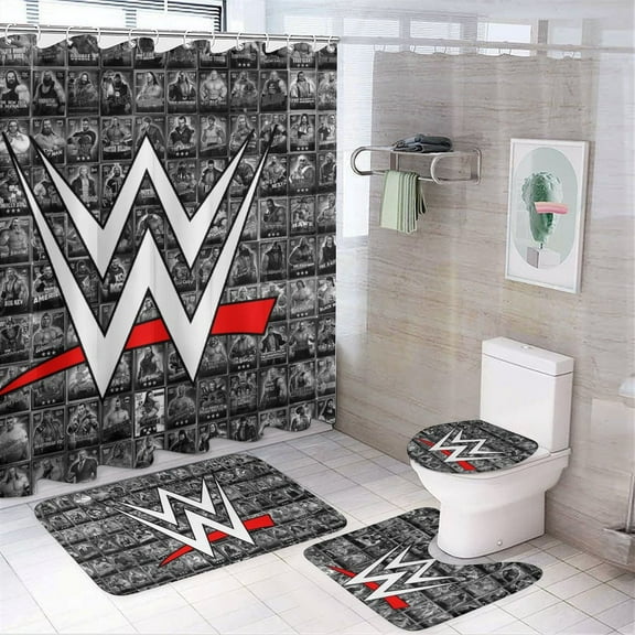 WWE 4 Pcs Shower Curtain Sets with Rugs, Bath Mat, U Shape And Toilet Lid Cover Mat And 12 Hooks, Cartoon Bathroom Set with Shower Curtain And Rugs And Accessories
