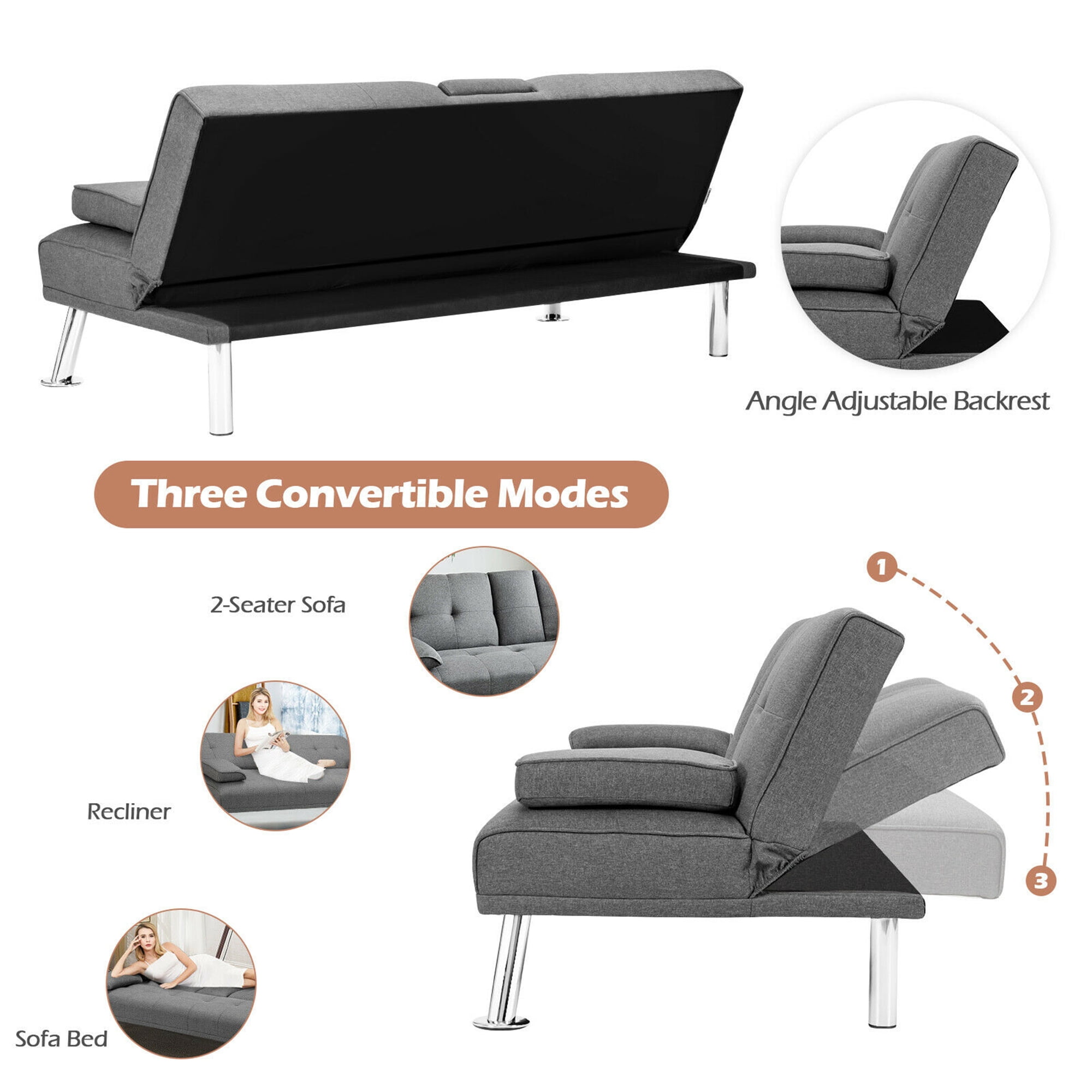 Gymax Folding Futon Sofa Bed Fabric w/2 Cup Holders Light Gray