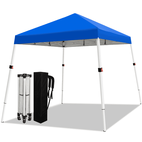 Romswi 10x10 Slant Leg Pop Up Canopy Tent, 1-Button Push Setup, Adjustable Height Instant Portable Shelter with Backpack Bag, Outdoor Sun Shade for Events, 8x8 Top, Pure White Bags,Pure Blue