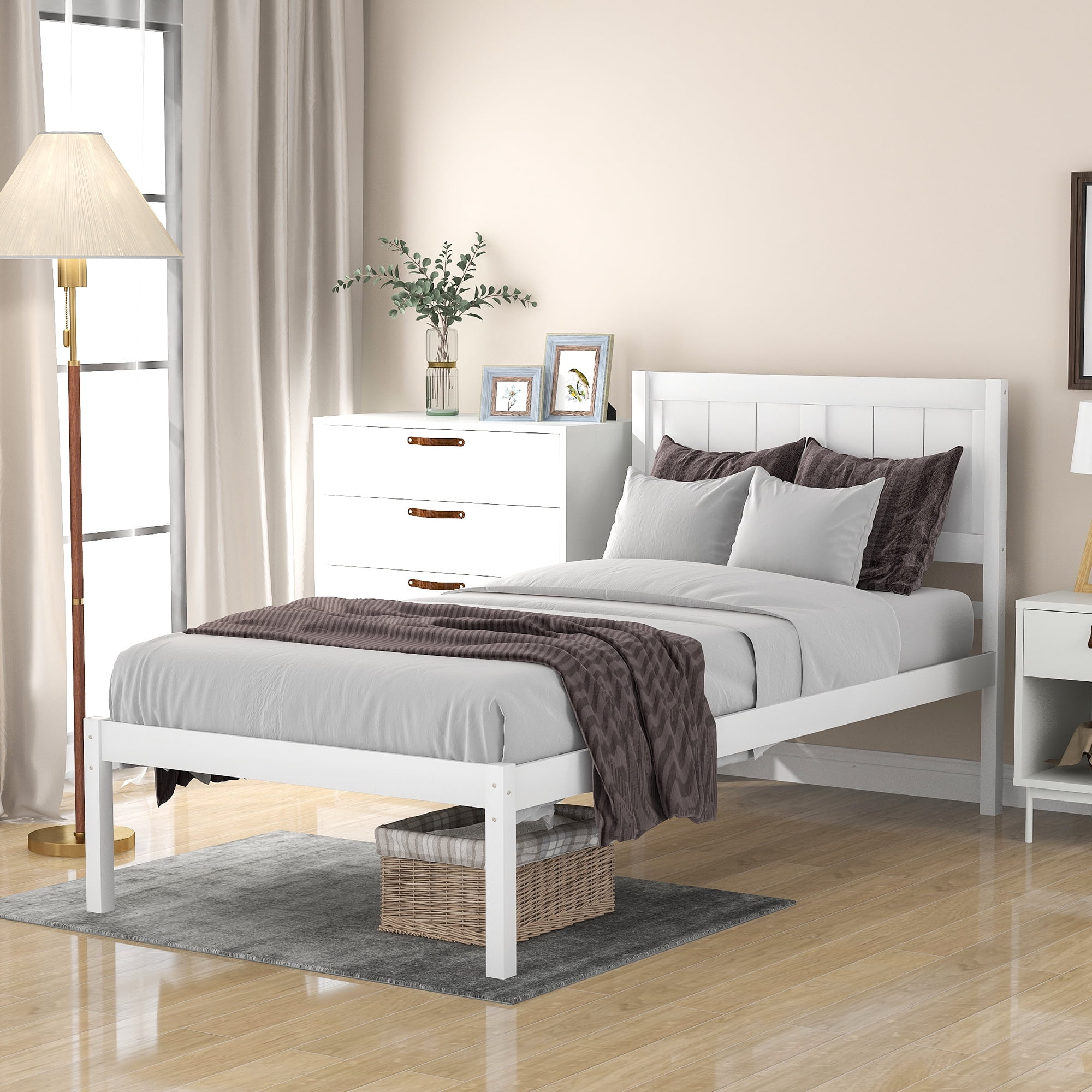 White Single Wood Bed Frame, Twin Size Bed Frame with Headboard, Modern