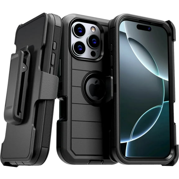 Defender Case for iPhone 16 Pro Max with Belt Clip, Kickstand, Dual-Layer, Black