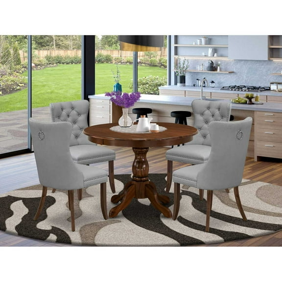Round Dining Room Set with 4 Chairs - Kitchen Table Set, Walnut Finish
