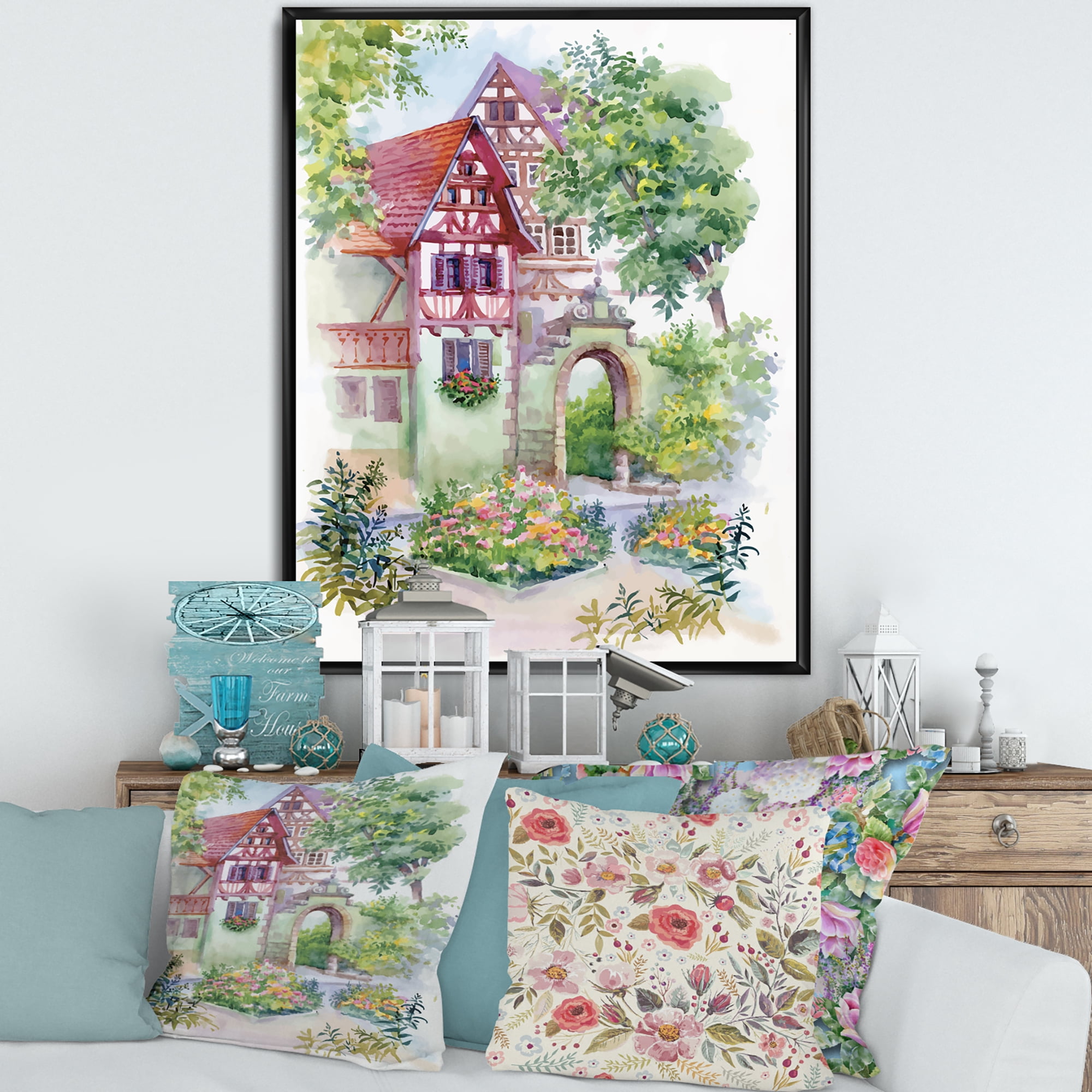 Designart 'Red Rustic House In The Country Side Landscape' Traditional Framed Canvas Wall Art Print