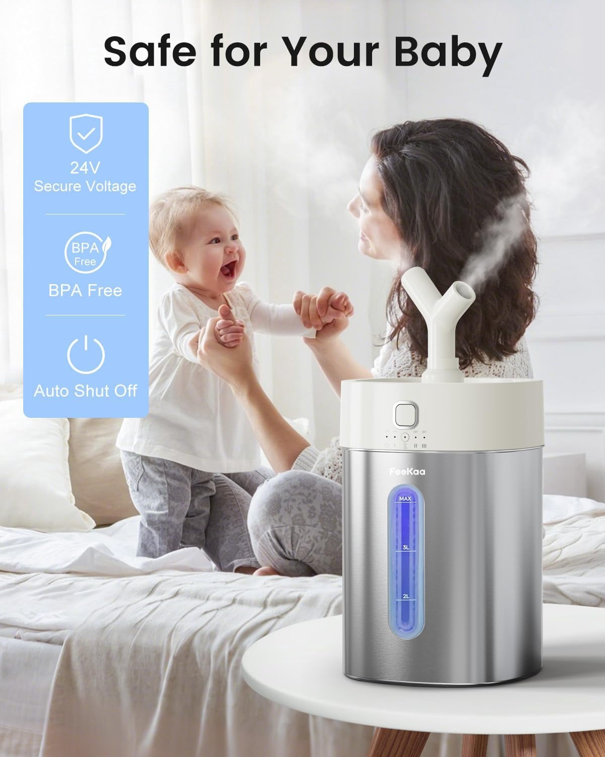 Stainless Steel Cool Mist Humidifier, 4L/1Gal Easy Clean, Dishwasher Safe, Quiet Humidifier for Bedroom, Baby Nursery, Rooms, up to 500 Sq ft