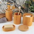 thumbnail image 2 of Elegant Mustard Yellow Soap Dispenser - Polyresin and Bamboo Design, Refillable Liquid Pump, 2 of 6