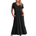 thumbnail image 1 of SuoKom Robe Maxi d'Été Robe d'Été pour Femme Décontractée à Manches Courtes Robe à Col en V Robe Décontractée Fluide à Volants Robe Maxi de Plage avec Poches Robes de Bal en Liquidation, 1 of 6
