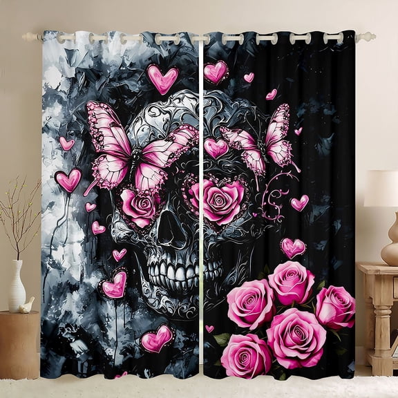 Erosebridal Teens Pink Rose Sugar Skull Black Out Curtains,Gothic Flowers Butterflies Curtains Pack of 2 (42x63 Each) for Boys Girls,Super Cozy Room Decor