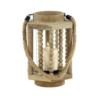DecMode Beige Reclaimed Wood Beaded Pillar Candle Lantern