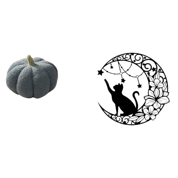 Cojín De Sofá De Peluche Con Forma De Calabaza De Halloween Y Escultura Decorativa De Pared De Metal Con Forma De Luna Y Gato Negro Para Decorar El Dormitorio Y La Sala De Estar.