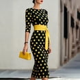 thumbnail image 5 of ClodeEU Women's Polka Dot Round Neck 3/4 Sleeve Self Belt Waist Bodycon Midi Pencil Dress,Vintage Elegant Cocktail Party Dress Yellow,Women's Plus L, 5 of 6