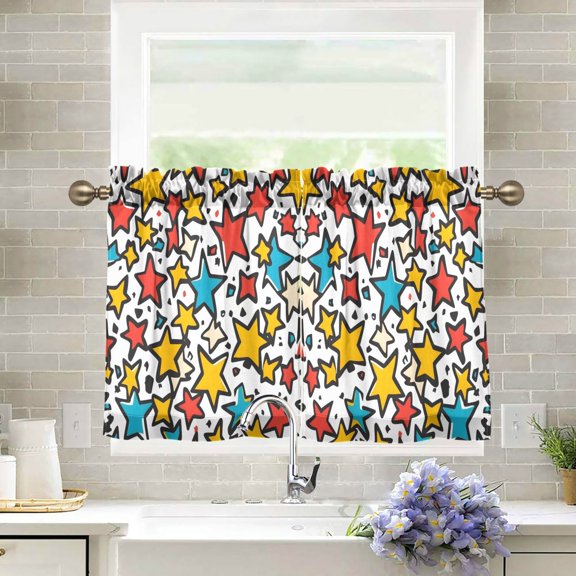 Yayeee Kitchen Curtains Tier Pair Light Filtering 27"x24" Rod Pocket Short Cafe Window Panel, Colorful Stars