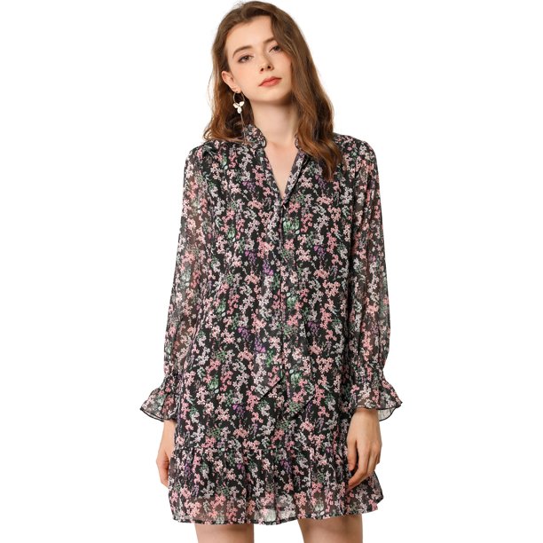 Vestido Recto Suelto Con Cuello Anudado Con Volantes Florales Para Mujer Negro S