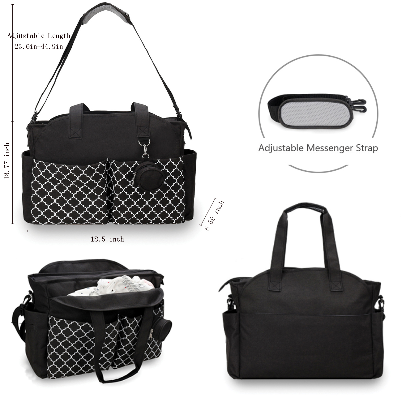 MOMIGO Water Resistant Lantern Multi-Function Diaper Bag Tote with Changing Station, Black