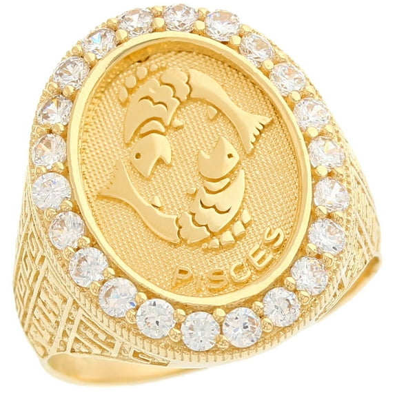 JackAni 14k Yellow Gold Zodiac Pisces Oval Halo White CZ Men's Heavy Ring - Size 7.50