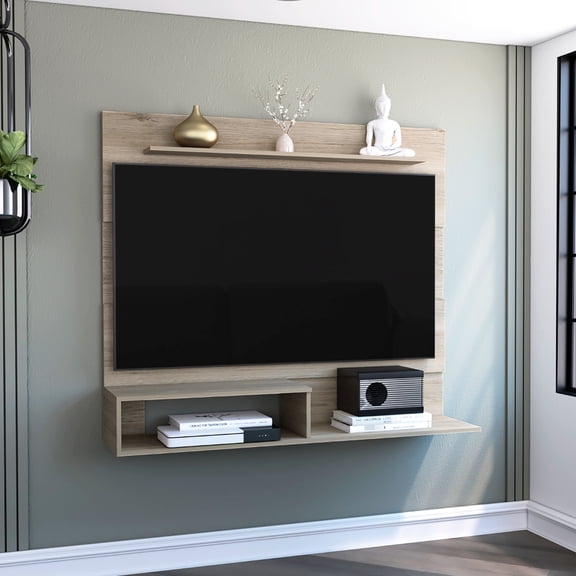 Pine Floating Entertainment Center For Tvs Up To 55": One Superior Shelf & Two Shelves, Modern Style 55" Tv In Wood: And Shelves