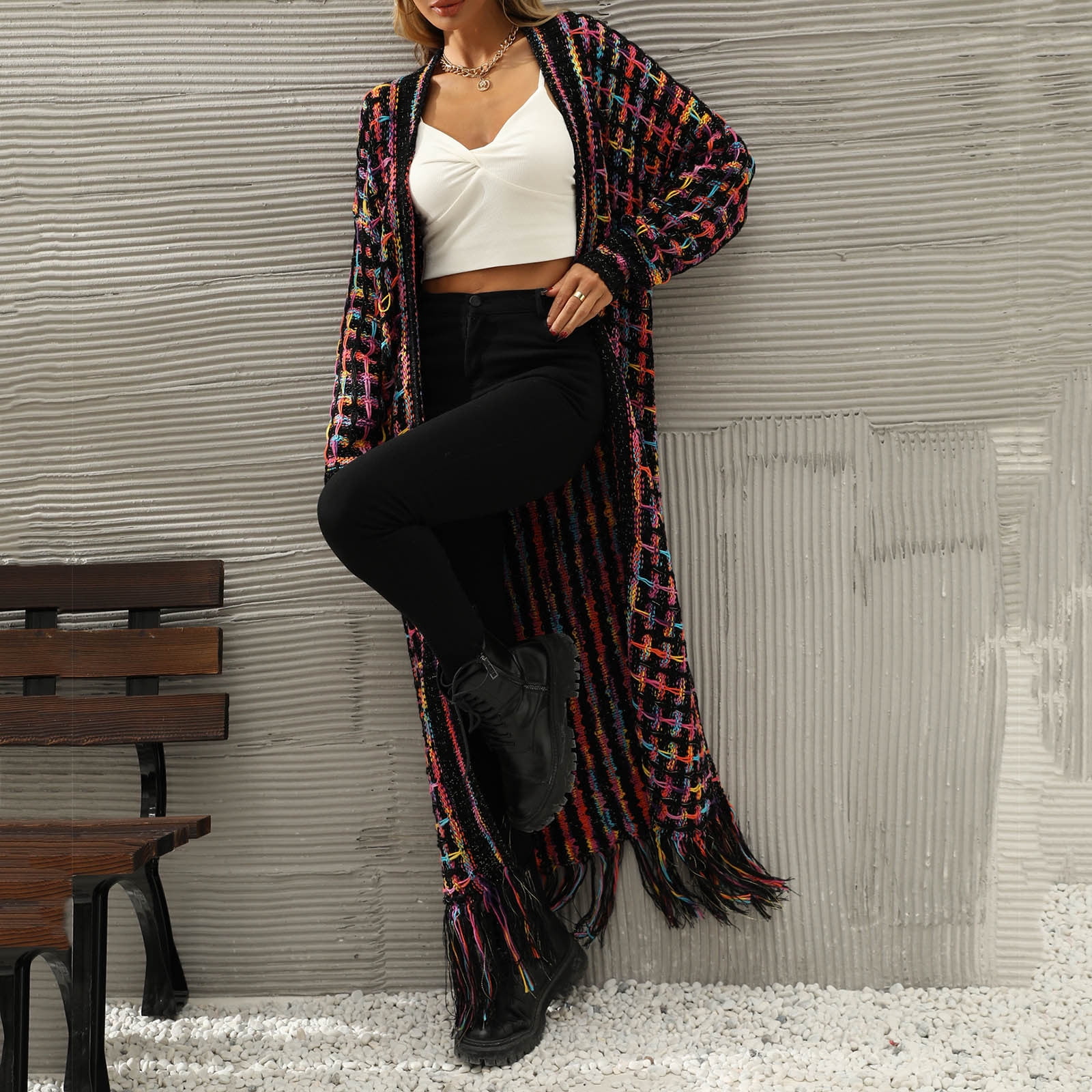 Cardigans Sweaters for Women Long Sleeve Open Front Tassels Oversized Knitted Coats Knee Length Checkered Color Block Soft Outerwear Sweater