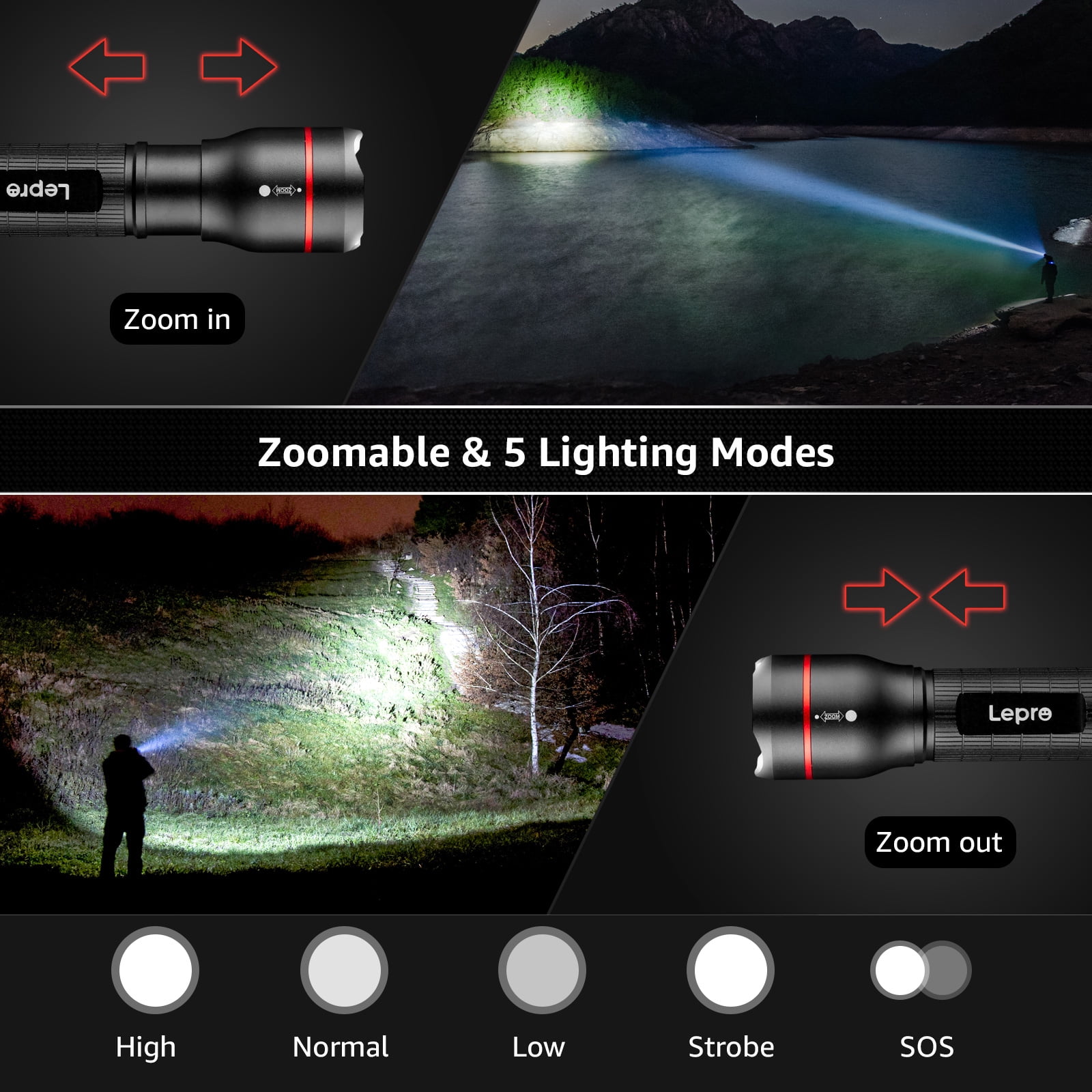 Lepro 2-Packs LED Flashlights with Clip , LE2050 High Lumen, 5 Lighting Modes, Zoomable Waterproof Lightweight Flashlights for Emergencies,Camping,AAA Battery included