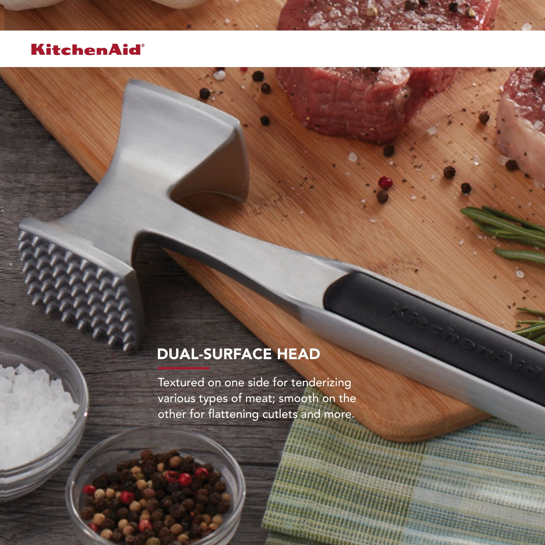 KitchenAid Cast Aluminum Meat Tenderizer Tool Dual-Sided Kitchen Mallet, Black