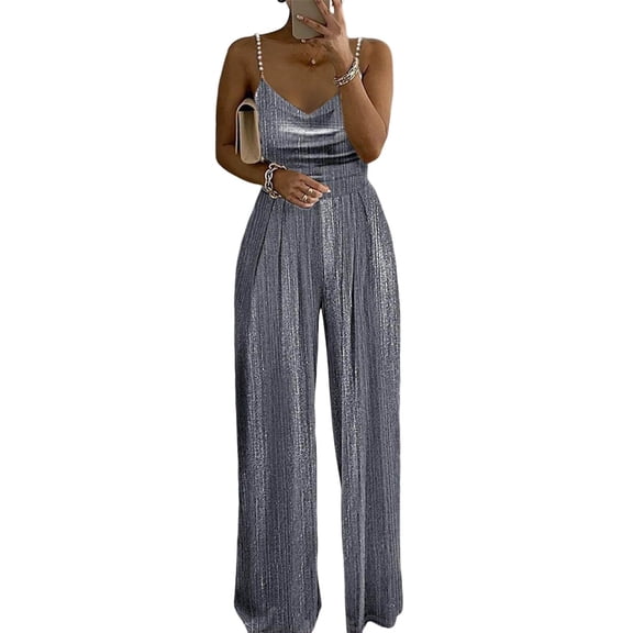 Women's FashionAble And Casual Loose Color Wide Leg Pants Waist Cinching Elegant Suspender Bead Jumpsuit, Size S-2XL