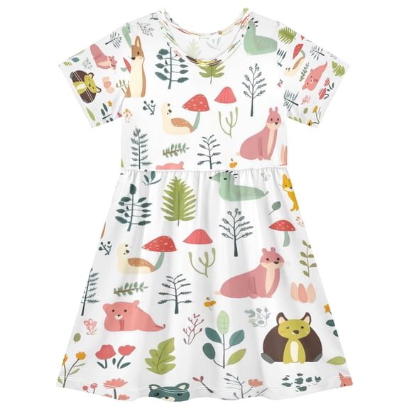Girls Short Sleeve A-Line Dress Cute Woodland Animals Play Dress Sizes 2T