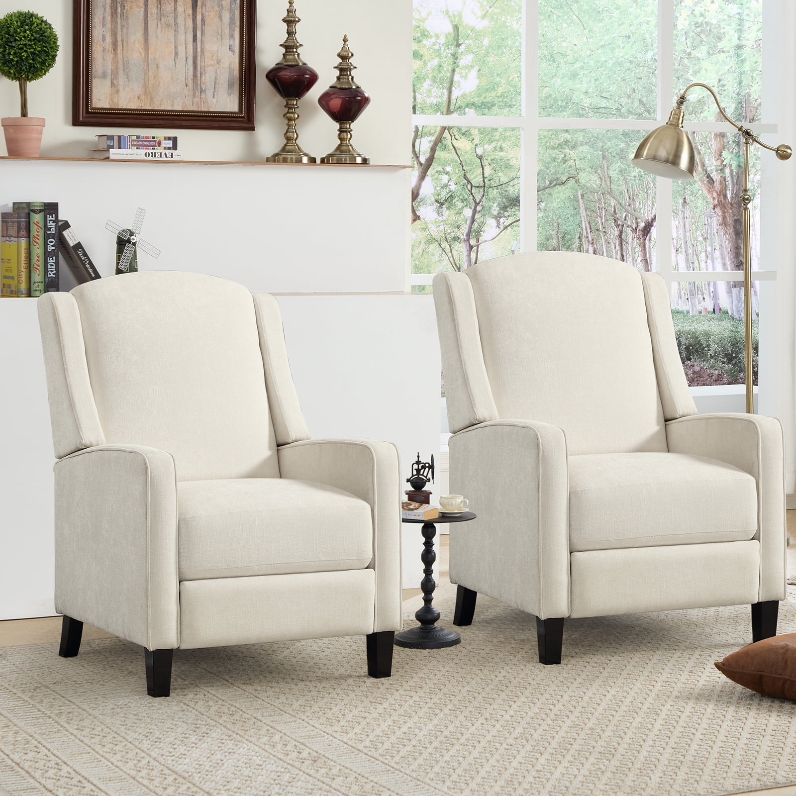 Bonzy Home 2-Pack Manual Push Back Recliner Chairs, Fabric Wingback Reclining Chairs with Padded Seat, Modern Recliners for Living Room Bedroom, White