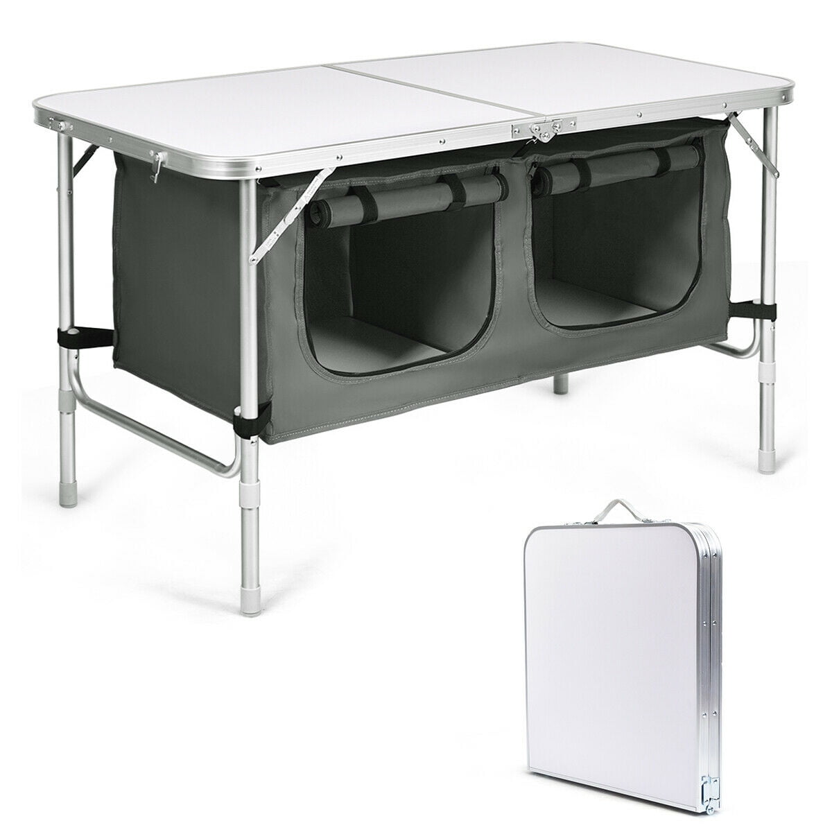 Fold Away Portable Camp Table Folding Camp Kitchen Table w/ Storage Aluminum 