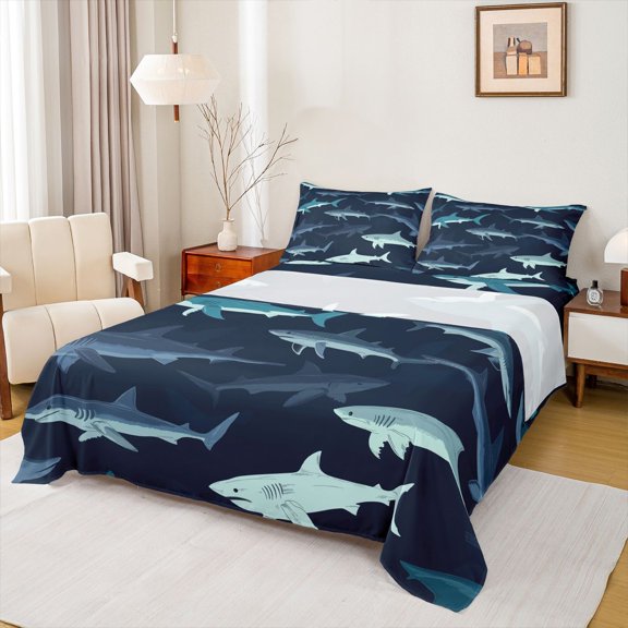 Feelyou Cute Undersea Shark Full Size Sheets for Men Boys, Cartoon Ocean Animal Bed Sheets, Navy, 4-Piece
