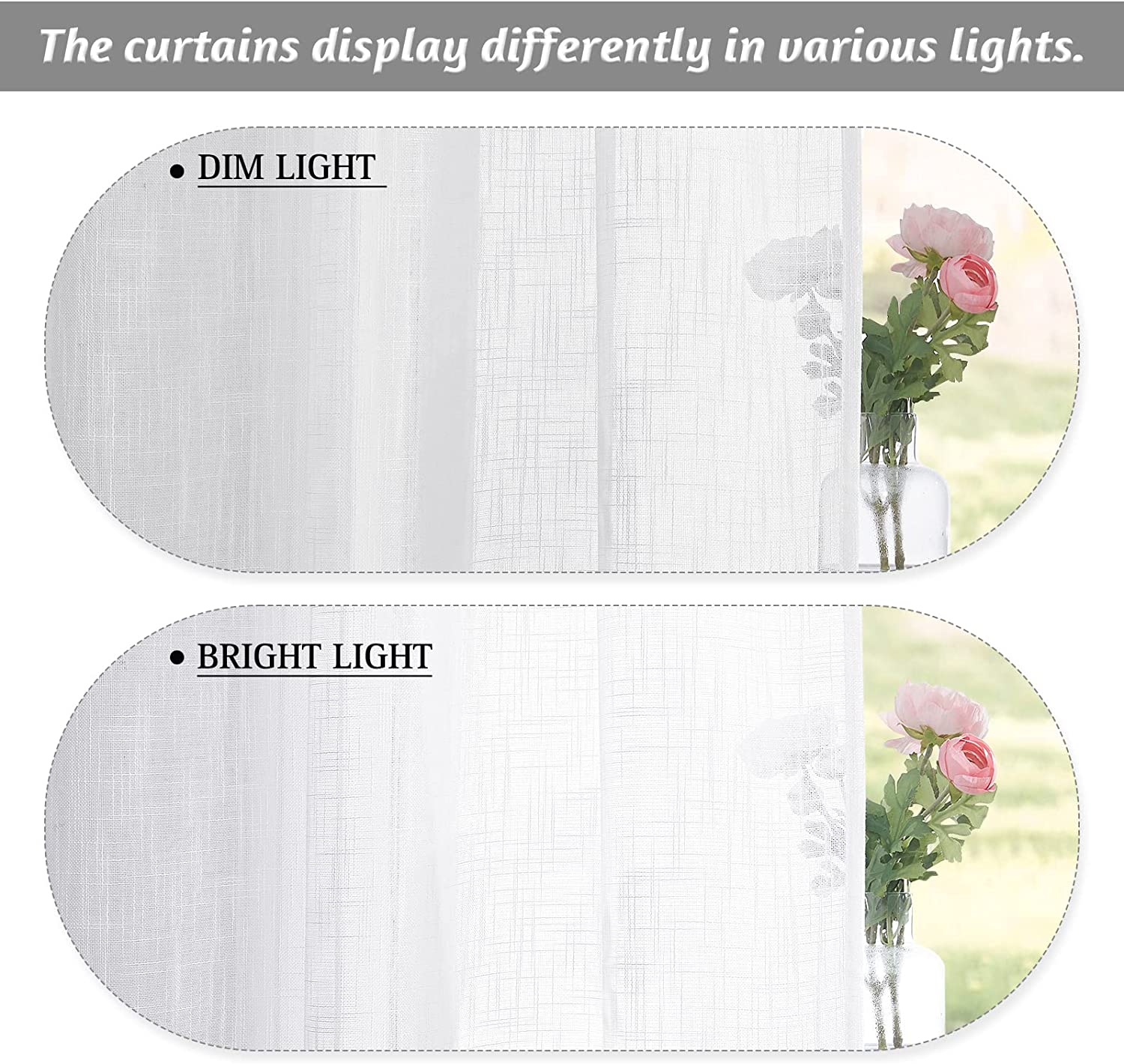 MKEUDQ-Cafe Curtains 24 inches Length, Linen Sheer Short Curtains for Small Window, Half Privacy Light Filetring Tier Valance for Kitchen Bathroom Window Over Sink, W 26 x L 24, White, 2 Panels Set