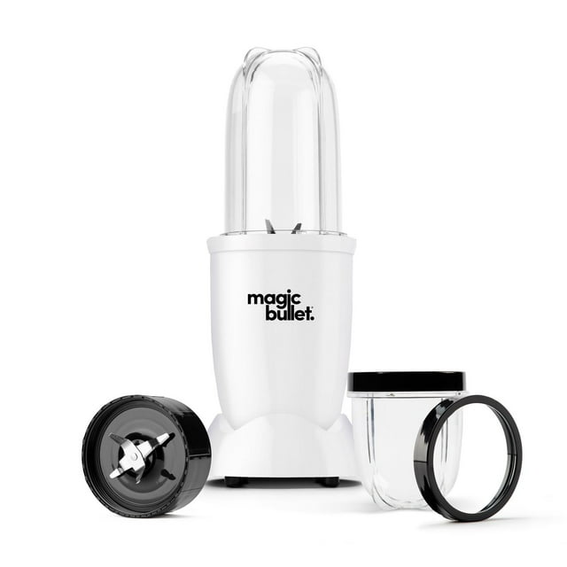 Magic Bullet 7-piece personal blender set including motor base, blending cup with lid, blade attachment, and extra container components.