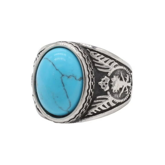 PAMTIER Men's Stainless Steel Vintage Classic Oval Blue Synthetic Turquoise Gemstone Inlay Special Flower Pattern Biker Ring Silver Size 10