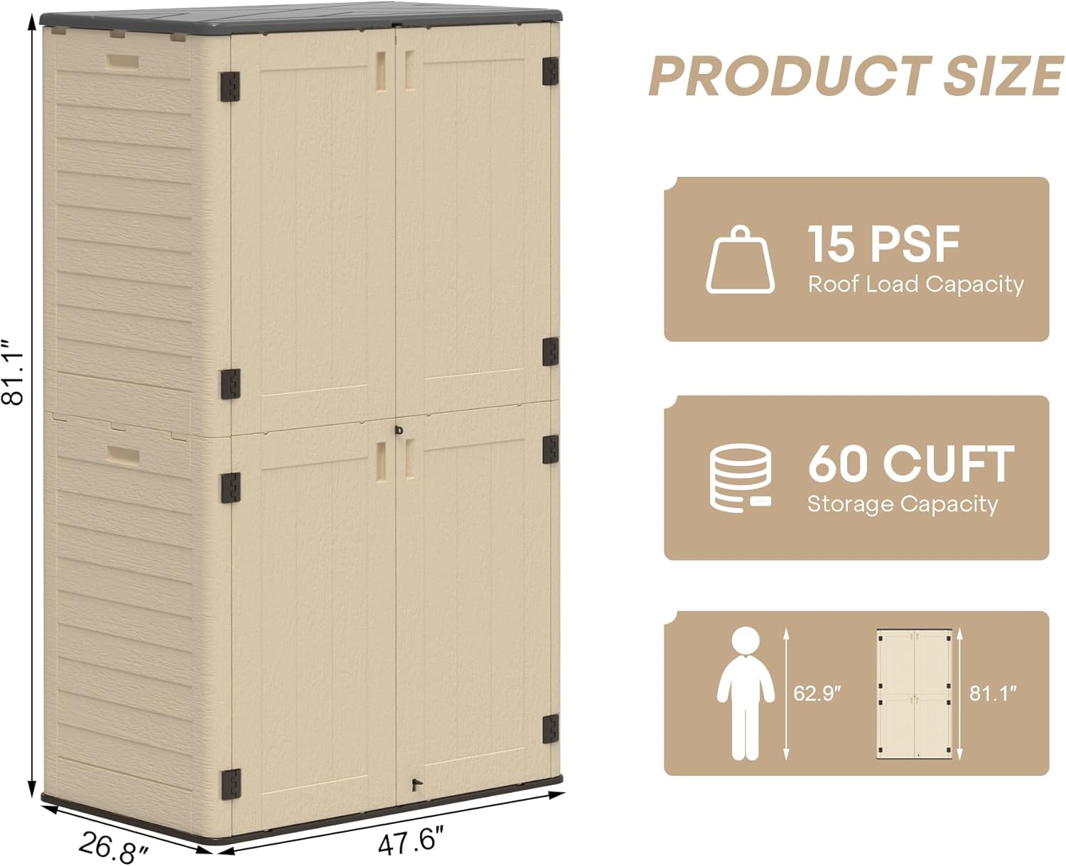 EVOKEDEN Resin Storage Shed, 60 Cuft Sheds & Outdoor Storage-Easy Assembly, Khaki