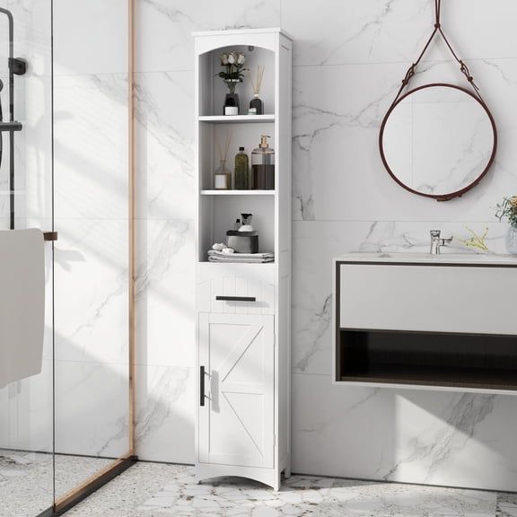 Farmhouse Narrow Bathroom Storage Cabinet with Recessed Drawer, Tall Slim Storage Cabinet with Barn Door, White