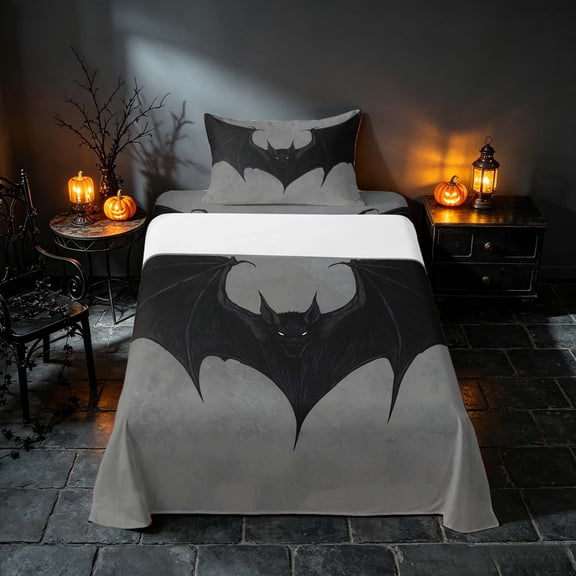 Homewish Halloween Bat Twin Sheets, Gothic Animal Bedding, Gray Black, 3 Pieces (1 Flat Sheet, 1 Fitted Sheet and 1 Pillowcase)