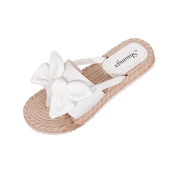 KIJBLAE Women's Fabric Upper Decorated Flat Slide Sandals, Wide Width Comfort Non Slip Casual Outdoor Beach Slippers White 41