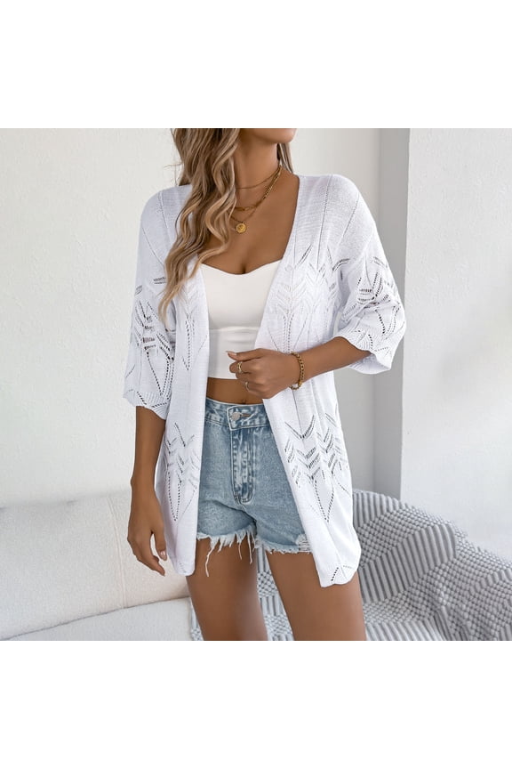 Women's Lightweight Crochet Knit Cardigan Open Front Short Sleeve Loose Casual Boho Sweater for Summer Beach Daily Wear