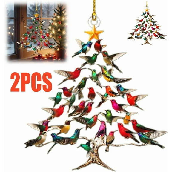 2PCS 2025-2025 Hummingbird Christmas Ornament-Gift for Hummingbird Lover,Colorful Stack Hummingbird Home Decor,Double-Sided Design Acrylic Hummingbird Christmas Tree Ornaments