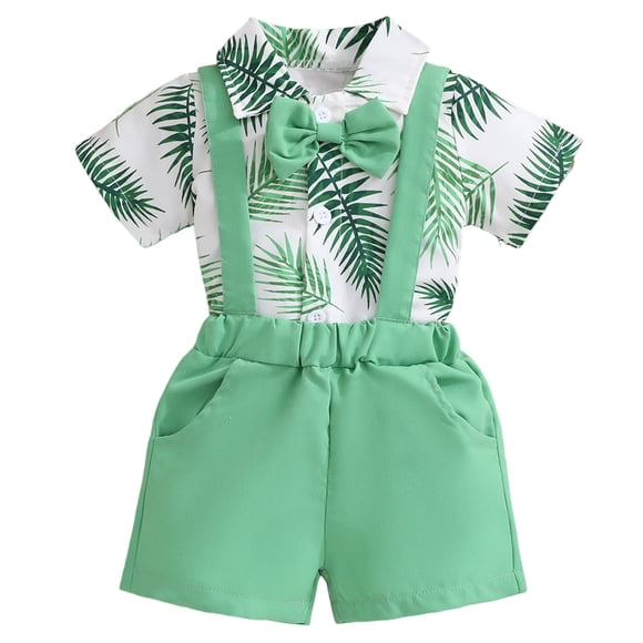 Splozh Boys 2 Pieces Summer Baby Boy Summer Wedding Ring Bearer Outfits Baby Boy Clothes Button Down Shirt Casual Suspenders Shorts Summer Outfits Green,9-12 Months