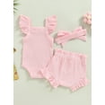 thumbnail image 5 of Musuos Newborn Girls Clothes, 3 6 12 18M Fly Sleeve Solid Color Romper Tops Drawstring Short Pants Headband Casual Outfits, 5 of 9