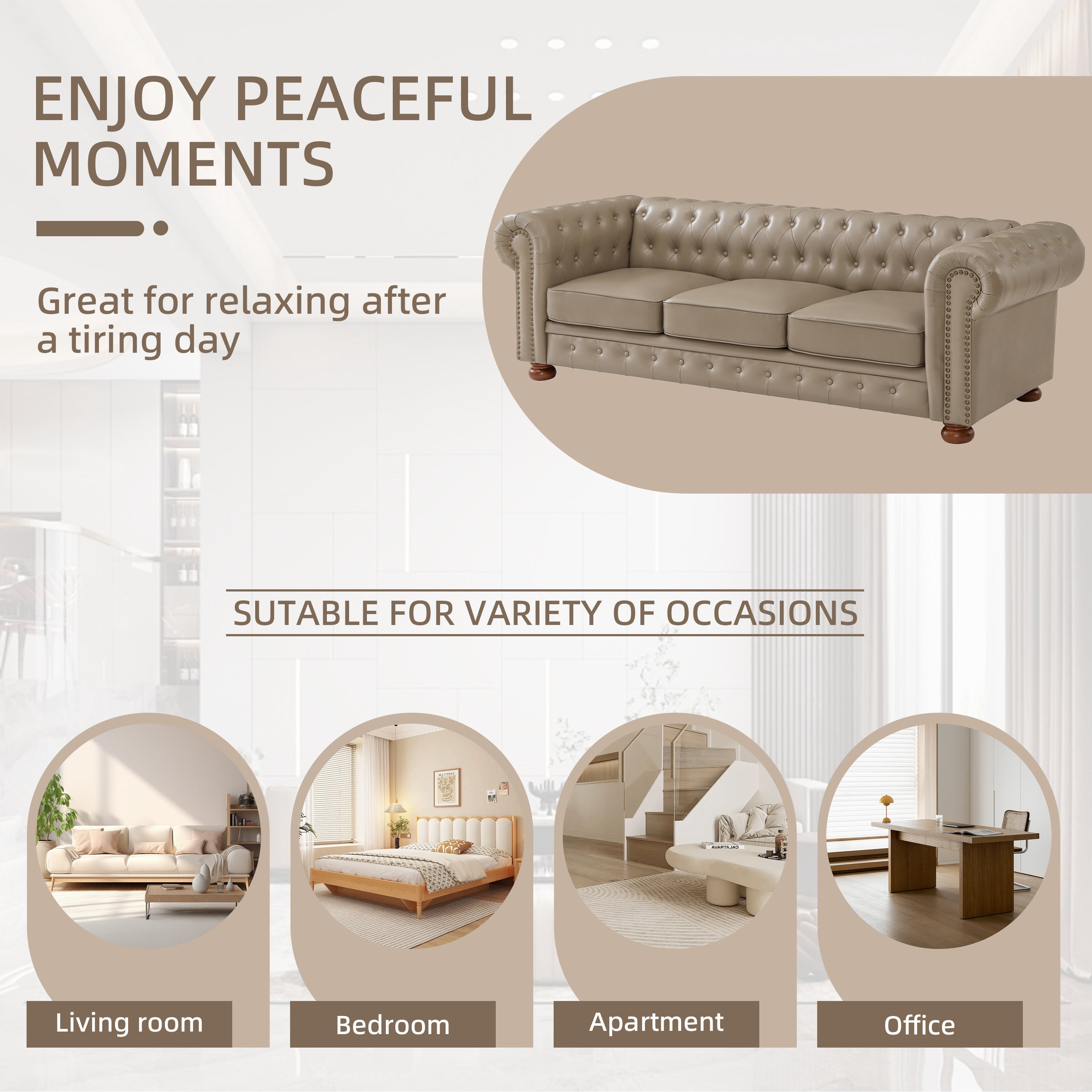 Noodeniya Chesterfield Sofa with Rolled Arms, Upholstered Sofa Padded Seat, Button Tufted Sofa with Nailhead Trim and Backrest, Faux Leather Couch, Khaki