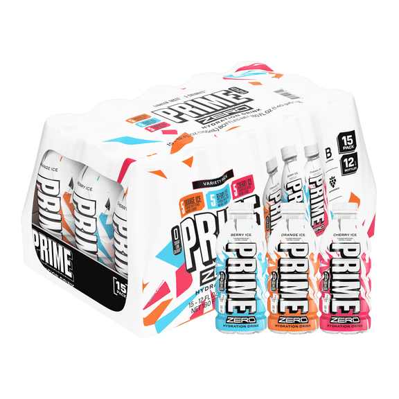 Prime Zero Hydration Sports Drink, Variety Pack, Berry Ice, Cherry Ice, Orange Ice, 12 fl oz, 15 Pack, Bottles