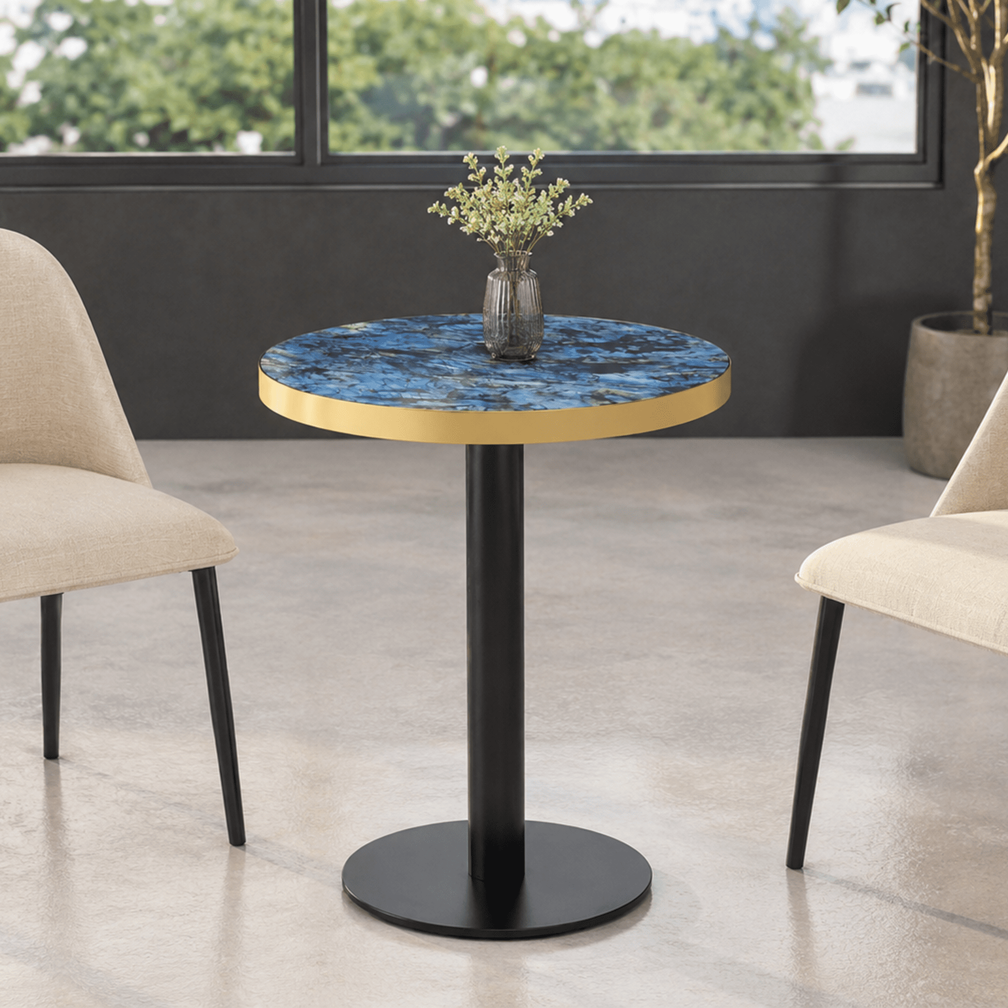 23.6" Round MDF sprayed with UV paint countertop, marble texture, stainless steel edging, metal table legs, modern light luxury edge/coffee table.