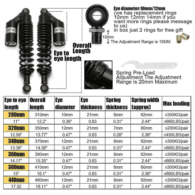 Black 280mm 320mm 340mm 360mm 380mm 440mm Motorcycle Air Shock Absorber Rear Suspension Atv Quad Scooter Dirt Bike Motor D20