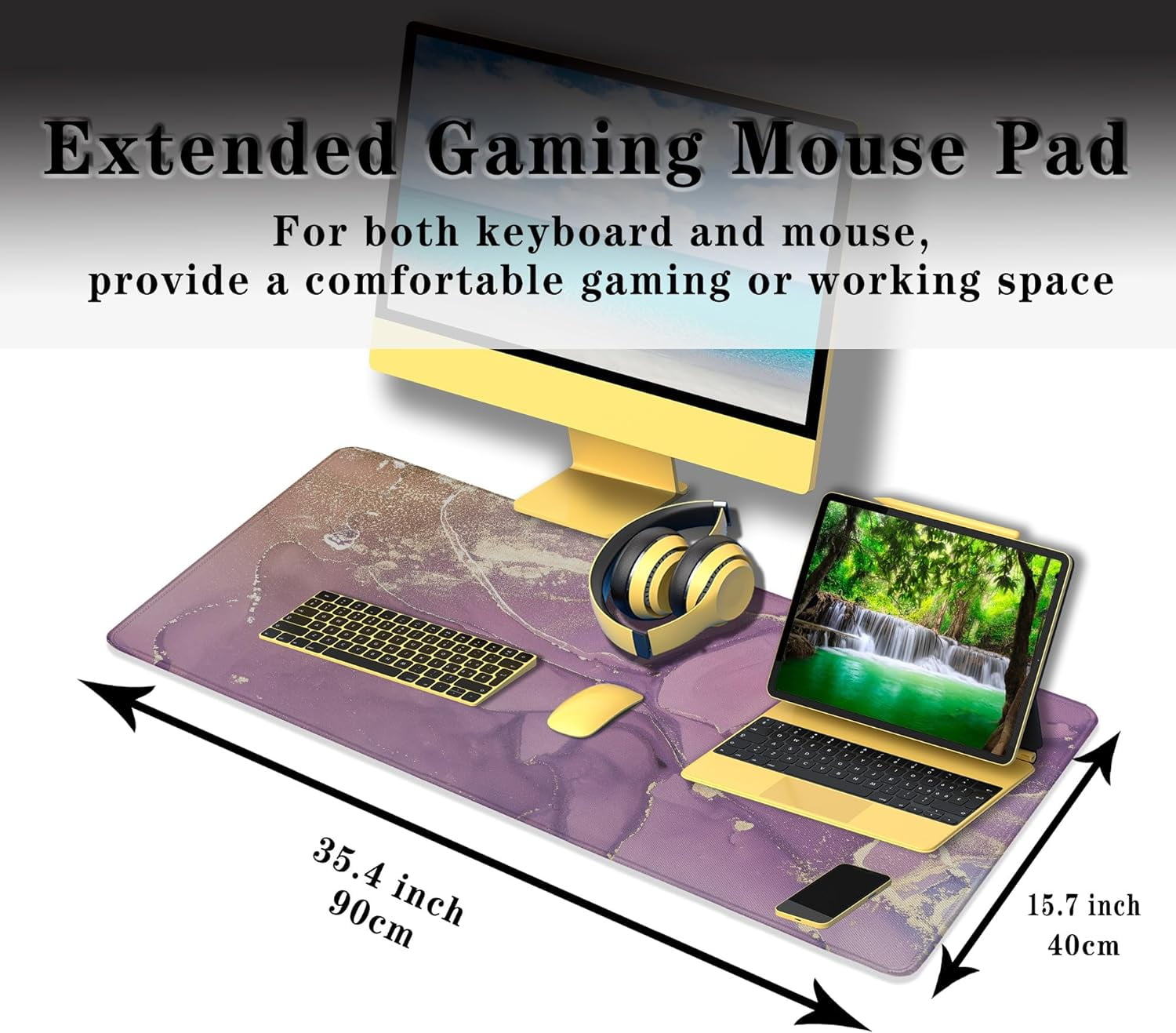 Gaming Mouse Pad Purple Mat, XXL Mousepad Gaming Mouse Pad for Women Desktop Mats, Office Pad Non-Slip Rubber Base Waterproof with Stitched Edges, 35.4 X 15.7 inch for Work/Game/Office/Home