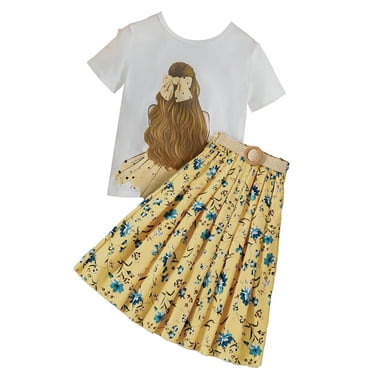 YOUSNH Ensemble de Vêtements Filles Imprimé Manches Courtes Blouse Mignonne Florale Plissée Longue Jupe Costume Tenue Filles Ensembles Jaune 7-8 Ans