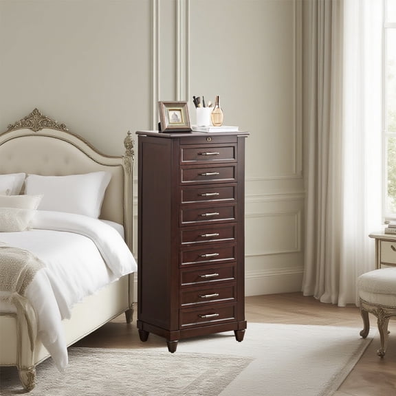 Tall Standing Jewelry Armoire with Mirror,Lockable Wooden Jewelry Cabinet with 9 drawers and side door