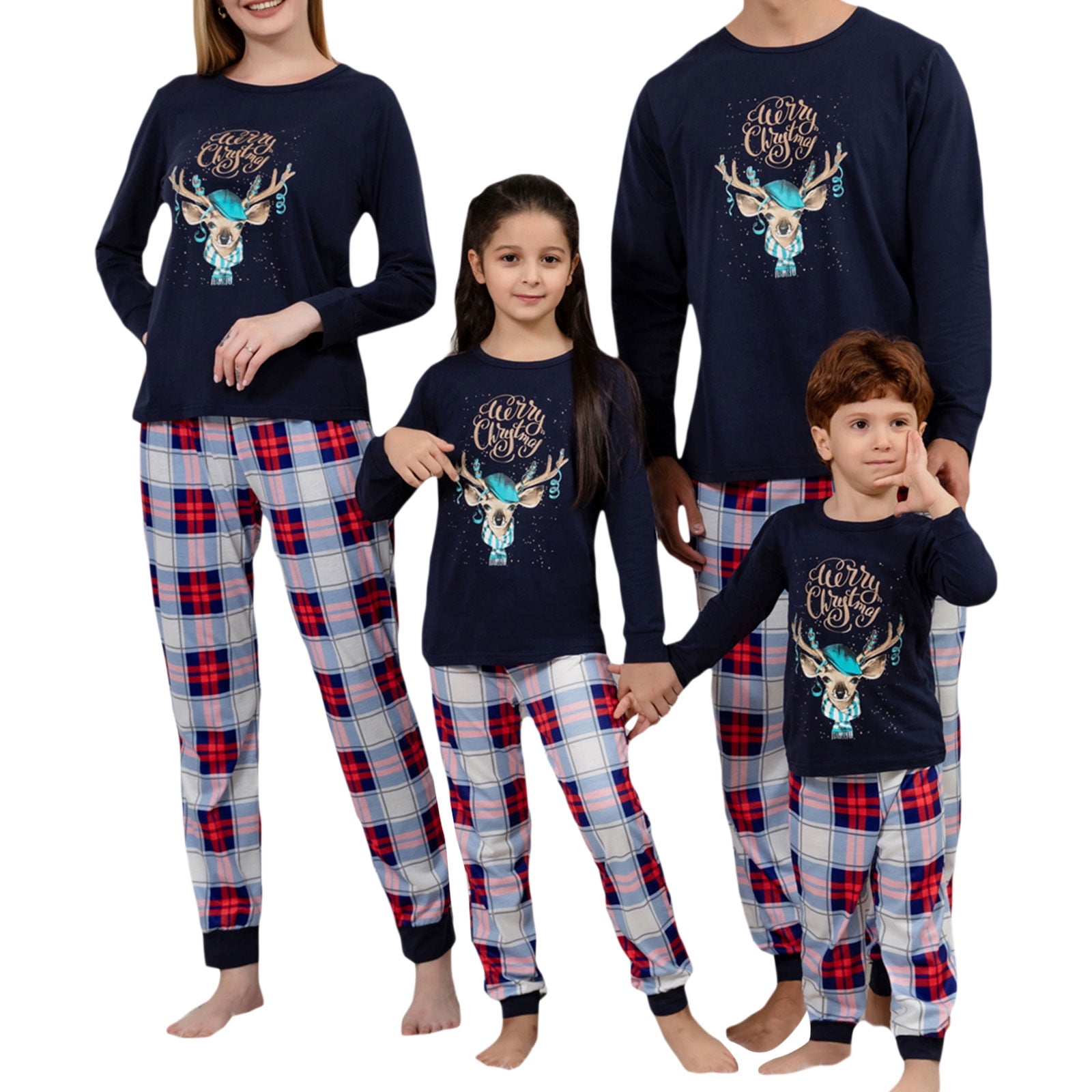 Christmas Matching Family Pajamas Women Men Plaid Deer Cotton Pjs