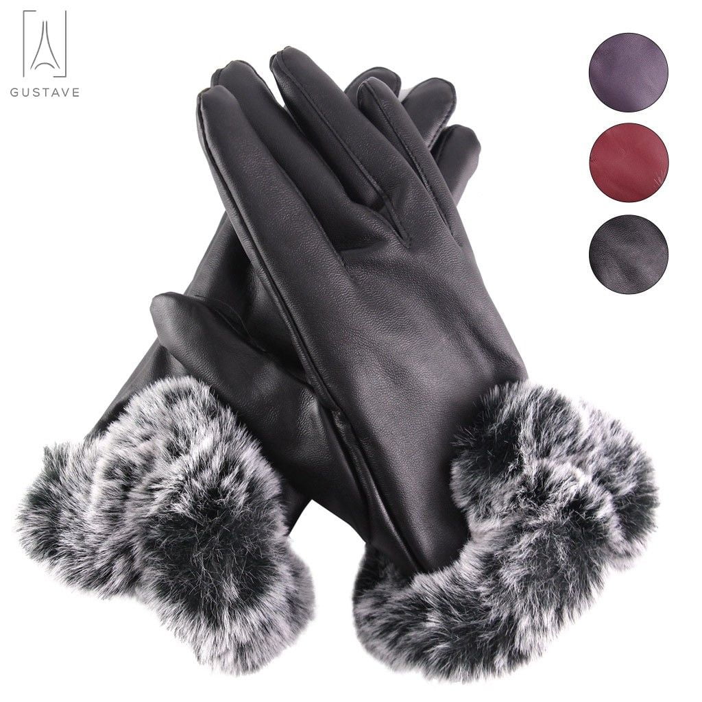 Womens Ladies Blue Leather Gloves With Fur Trim Fleece Lined Warm Winter Xmas 