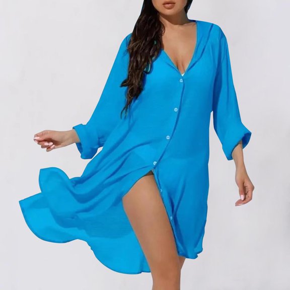 Women's Long Sleeve Beach Cover Up, UPF Sun Protection Hooded Cardigan, Bikini Cover Shirt for Swimming, Sports and Casual Wear Blue A