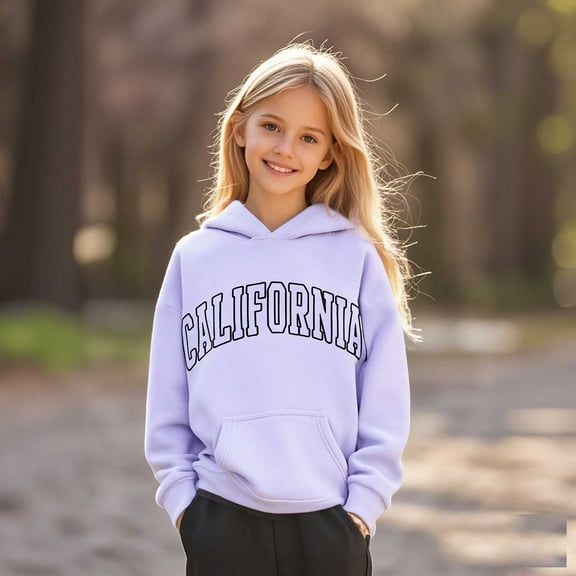 Girls Hoodie City Name Letter Print Purple Hooded Long Sleeve Casual Basic Pullover Sweatshirt Hoodie Fall Clothes Toddler Girls Clothes 12-13 Years